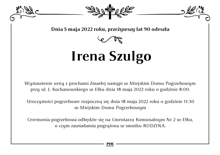 Irena Szulgo - nekrolog